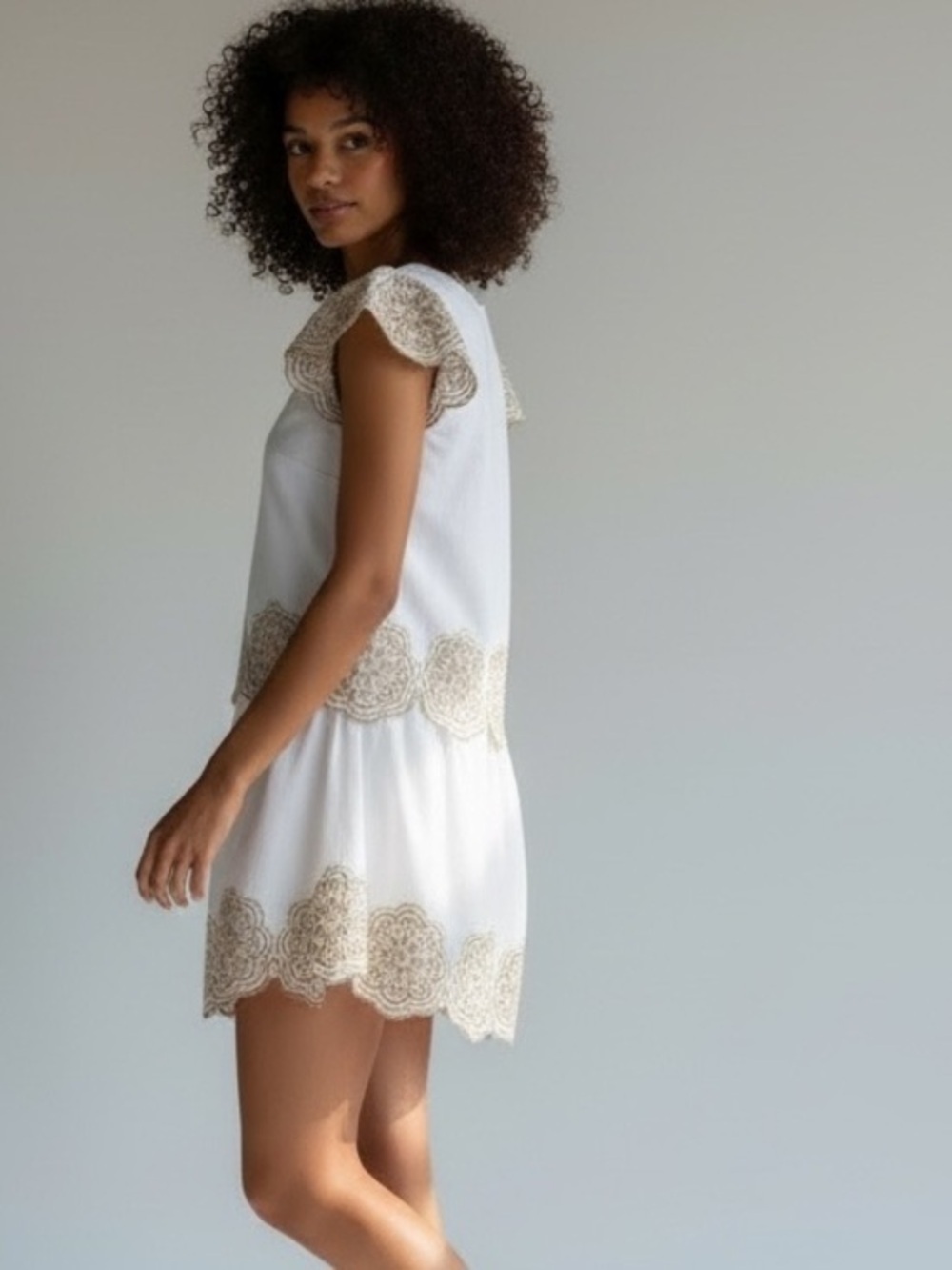 White and Tan Embroidered Women's Top and Skirt Set